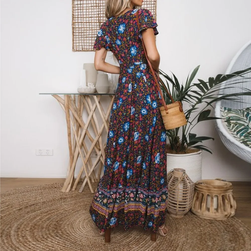 Ретро Хиппи Vestidos бохо платье халат Женское богемное с v-образным вырезом коротким