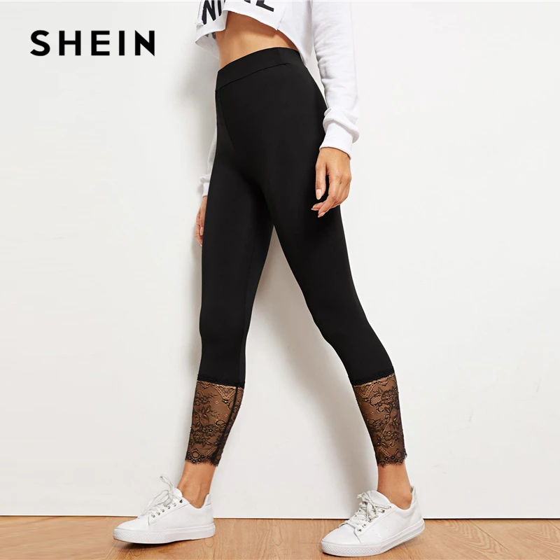SHEIN Леггинсы С Высокой Талией И Кружевами Женские Черные Повседневные Леггинсы