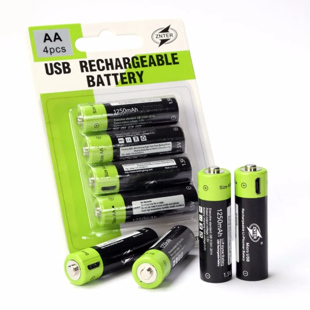 ZNTER 4pcs USB Rechargeable Battery Universal AA 1.5V 1250mAh Lithium Polymer Batteries Charged by Micro Cable | Электроника