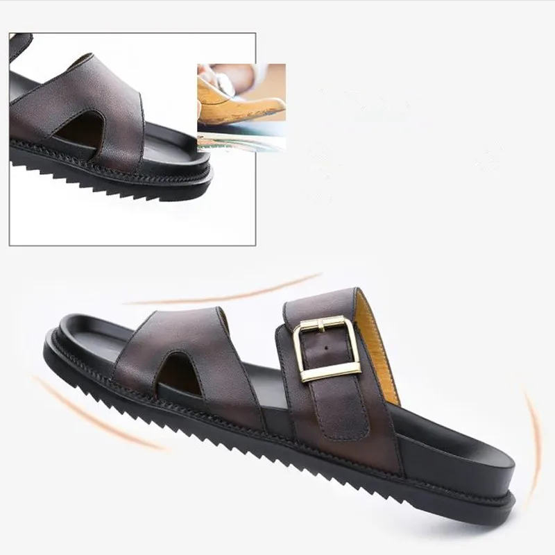 Мужские слиперы летние шлепанцы из натуральной кожи пляжная обувь босоножки