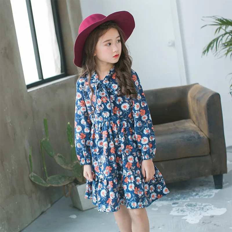 Весенние платья для больших девочек 2018 Хлопковое платье с цветочным принтом