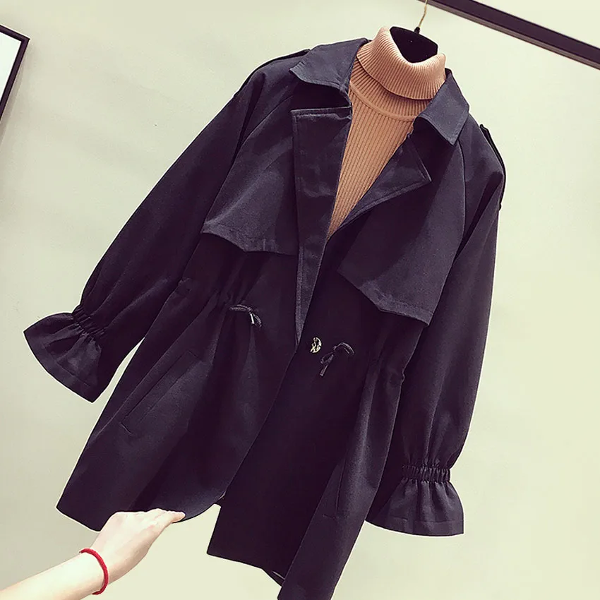 Fashion drawstring slim waist trench coat women turn down collar loose fit jacket 2019 autumn winter | Женская одежда