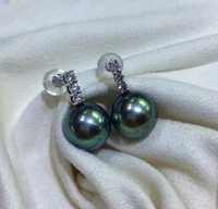 free shipping noble jewelry stunning aaa round 10 11mm tahitian black green pearl earring 14k