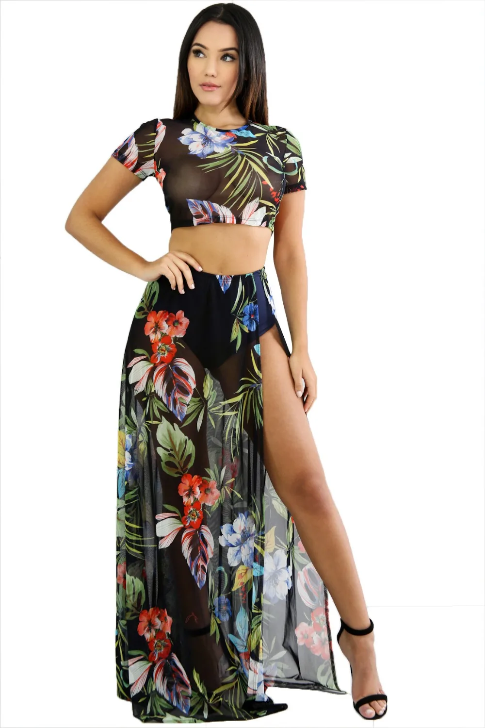 Летнее Сетчатое платье с цветочным принтом комплект из 2 предметов Vestidos Estampado