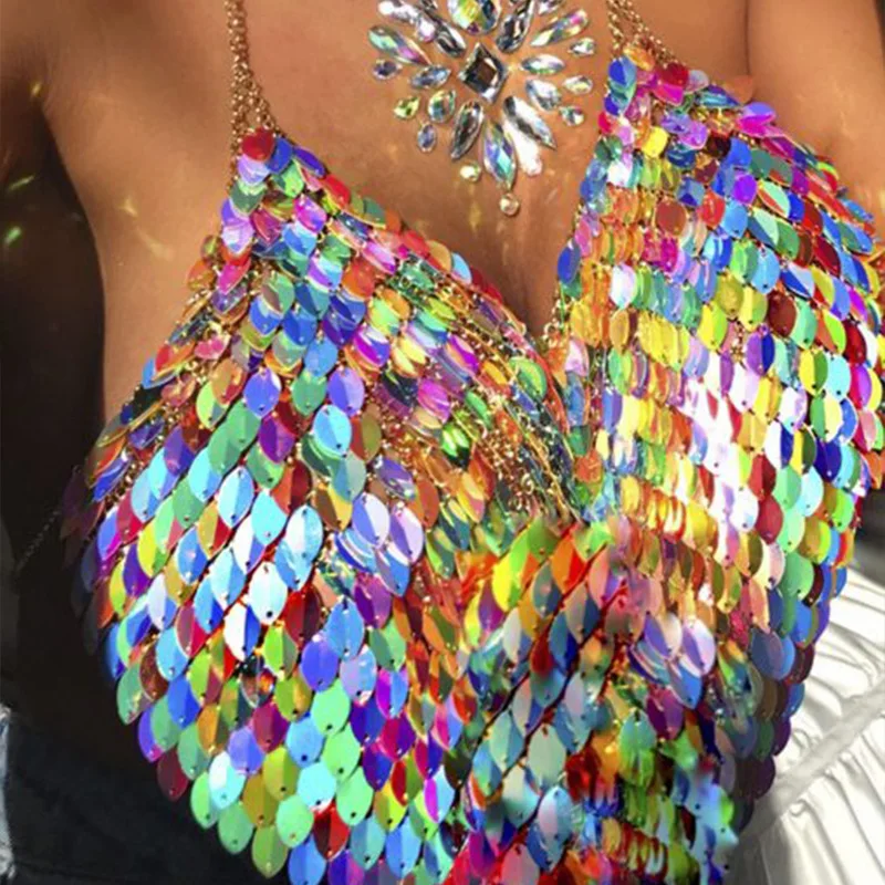 Сексуальное блестящее бикини с пайетками бюстгальтер цепочка для тела цветная