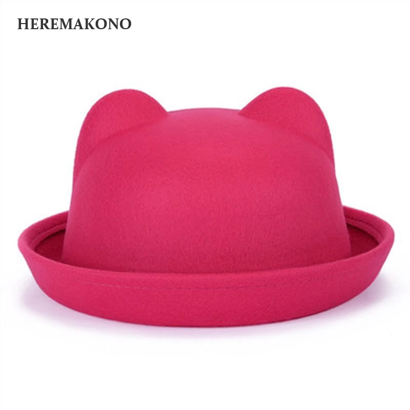 Heremakono Осенне зимняя Дамская обувь Fedora Шапки с милые кошачьи уши Дамы Roll Up Фетр