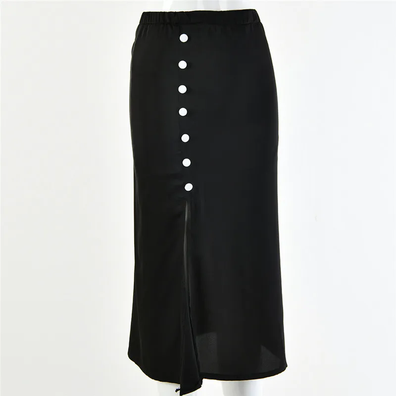 Ahagaga 2019 Summer Skirt Women Elastic Waist Side Split Slim Pencil Button Sexy Midi Solid Beach Casual Ladies Skirts | Женская одежда