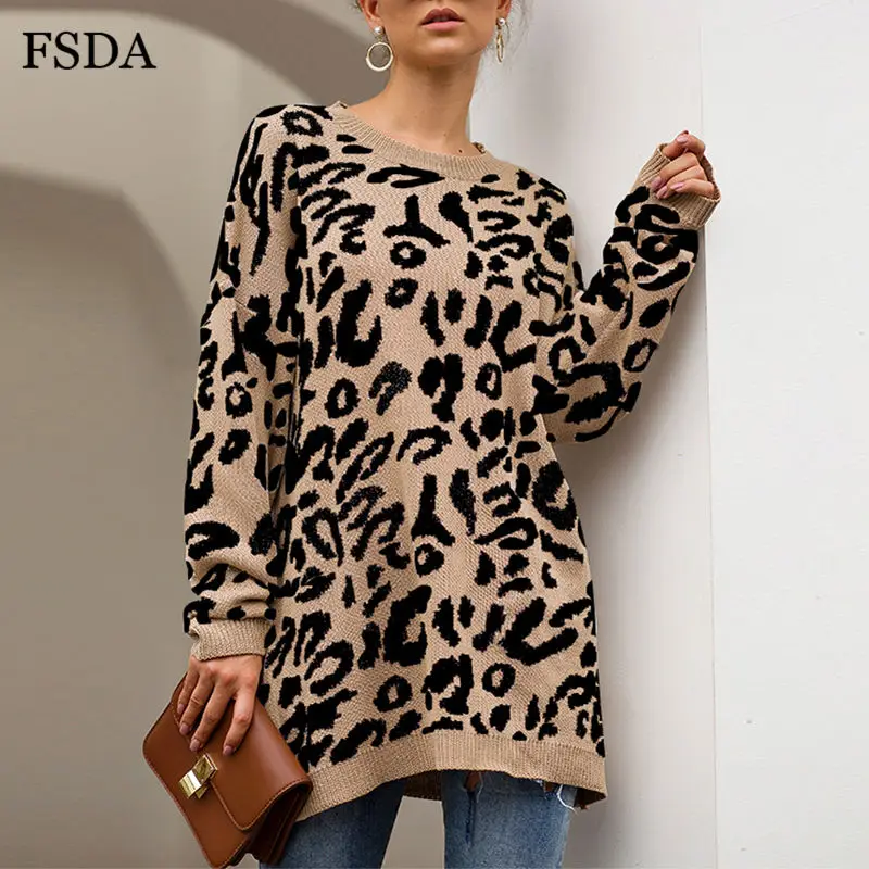 FSDA O Neck Long Sleeve Leopard Sweater Knitted Winter Spring Oversized Casual Green Pink Office Women Pullovers | Женская одежда