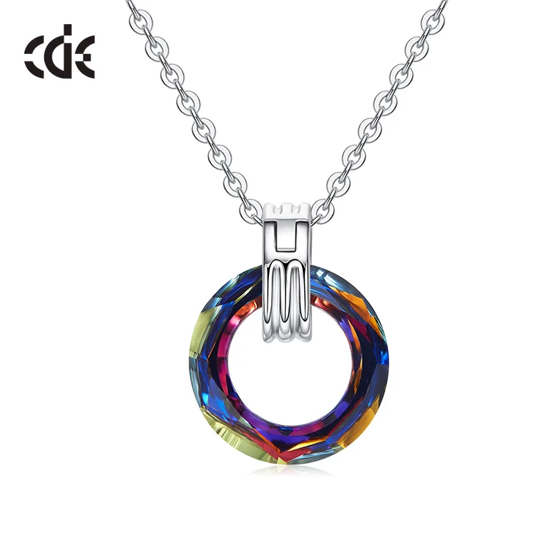 Photo Color CDE 925 пробы Серебряное ожерелье украшено кристаллами от Swarovski красочный круг ювелирные изделия кулон ожерелье для женщин - Цвет камня: Photo Color