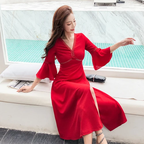 New Resort Beach Big Red Dress V Neck Fashion Ruffle Robe Charming Feminine Spring And Summer Cool Dresses | Женская одежда