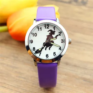 NazeytНовые модные детские часы для мальчиков и девочек с циферблатом ведьмы, Детские светящиеся кожаные часы в подарок на Хэллоуин, Reloj de cuarzo