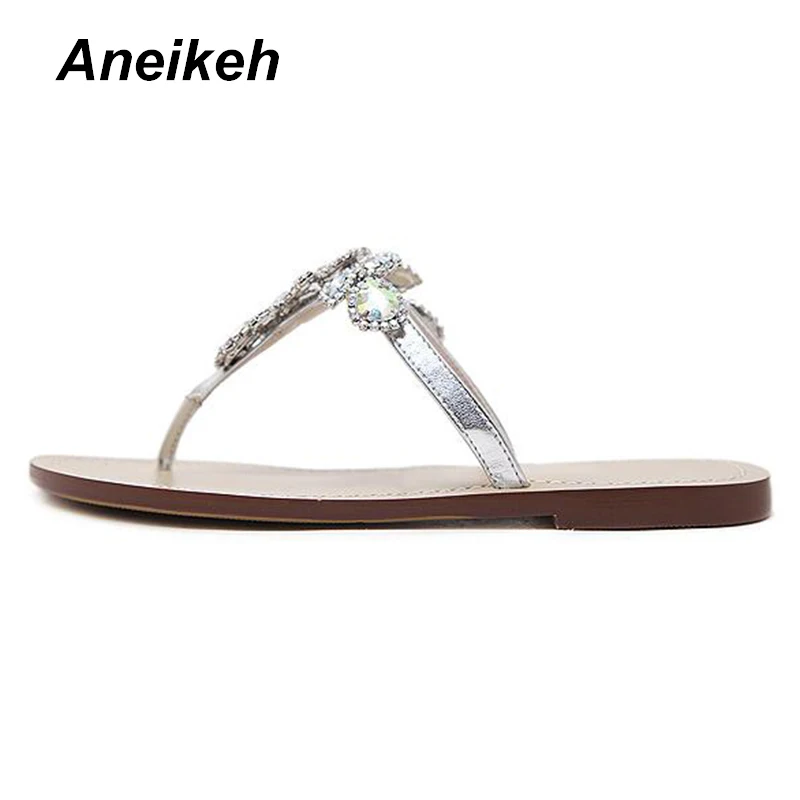 Aneikeh/; женские сандалии; женская обувь; стразы, цепочки; Вьетнамки; гладиаторские плоские сандалии; шлепанцы со стразами; Chaussure размера плюс