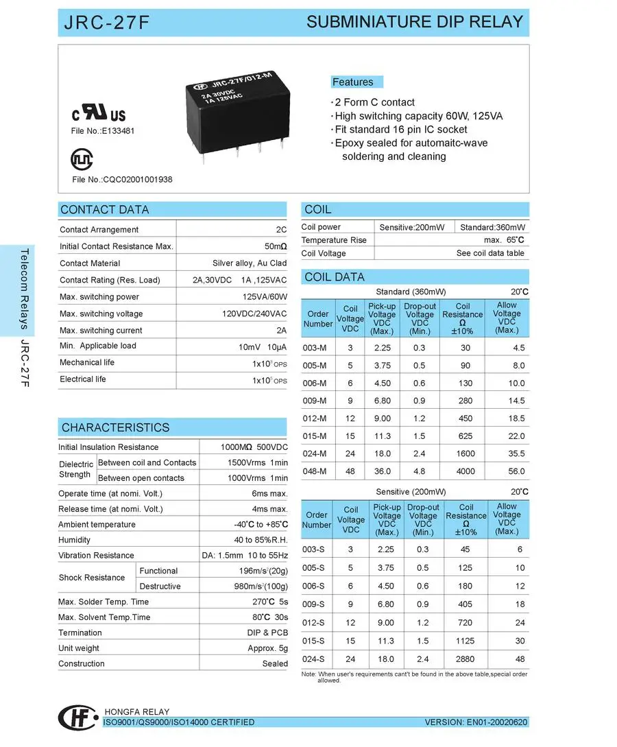 

( 5 pcs/lot ) Signal Relay, 5V, 2 form C (DPDT), 120V/1Amp