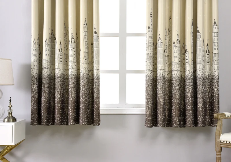 Modern Printed Castle Coffee Color Blackout Curtain For Kids Boys Bedroom Navy Blue Short Curtain Kitchen Window Drapes PC009D3