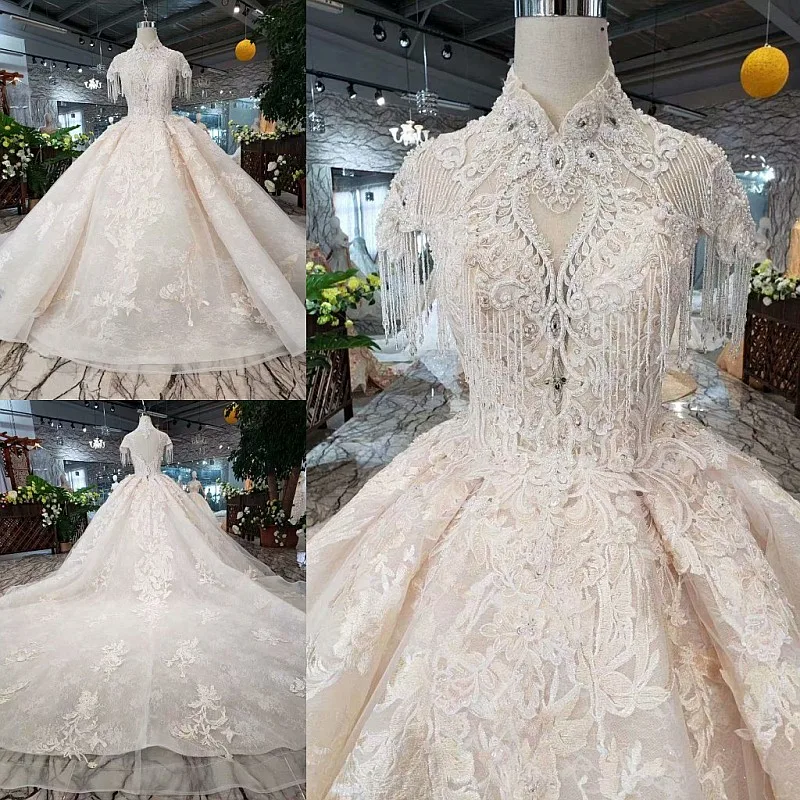 

Женское платье со шлейфом SSYFashion, роскошное длинное свадебное платье цвета шампанского, с бисером, с вышивкой, размера плюс