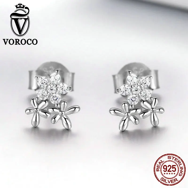 VOROCO 100% Настоящее серебро 925 пробы серьги гвоздики с цветком маленькие серебряные