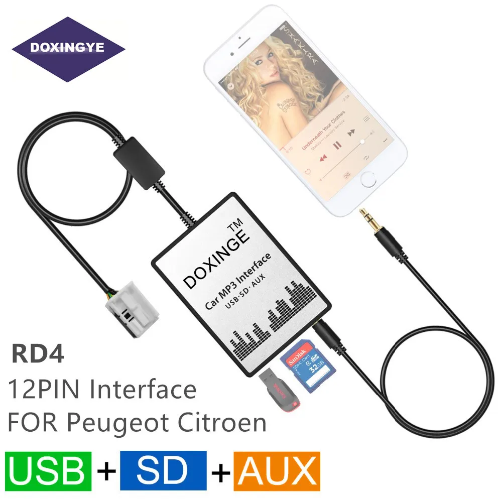 DOXINGYE USB SD AUX Автомобильный mp3 плеер Музыкальный CD чейнджер аудио адаптер для peugeot 307 407 Citroen C4 C5 RD4 12PIN интерфейс