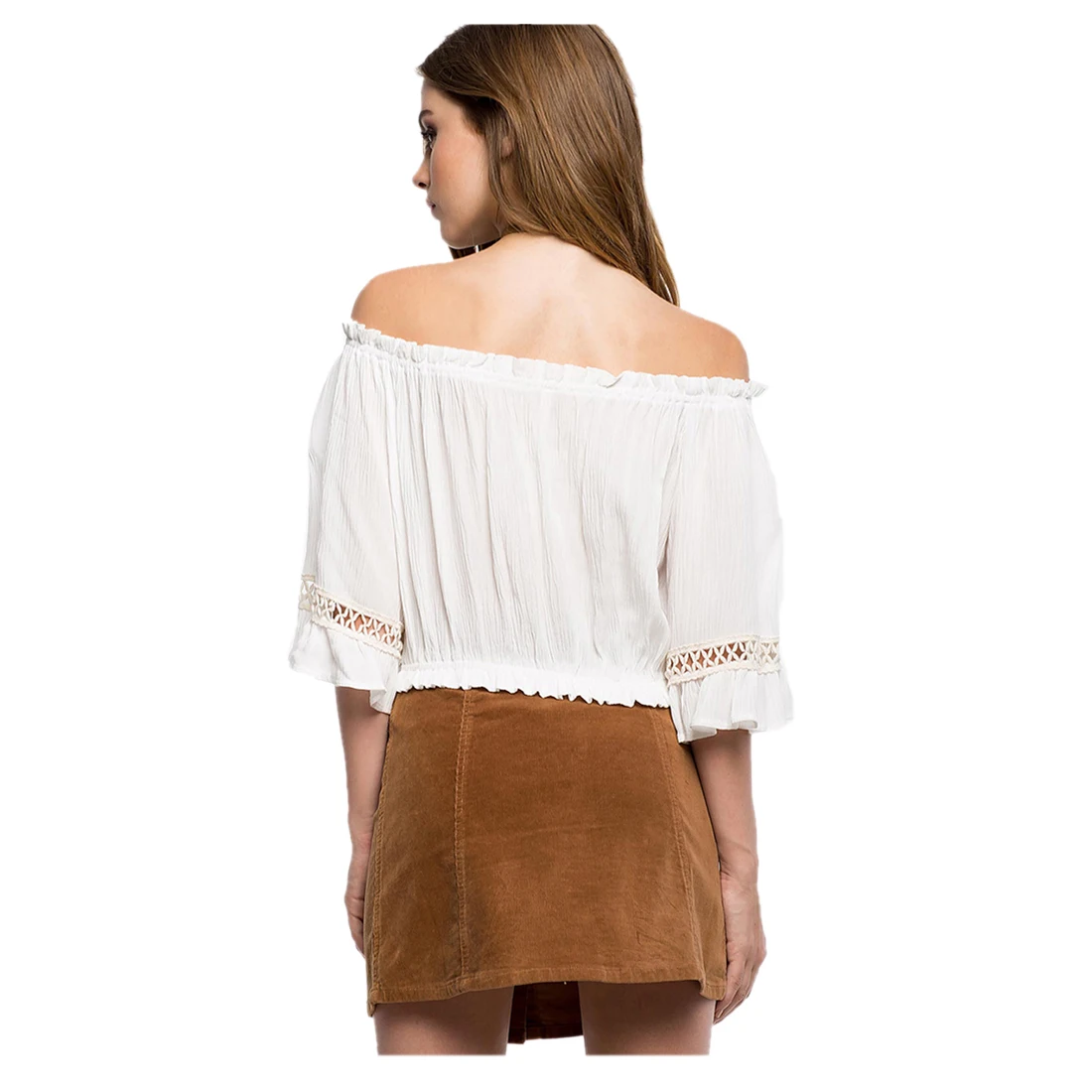 EAS-Women's New Fashion Sexy Off Shoulder Slash Neck Blouses Ruffle Sleeve Lace Hollow Out Backless Chiffon Casual Tops Blouse |