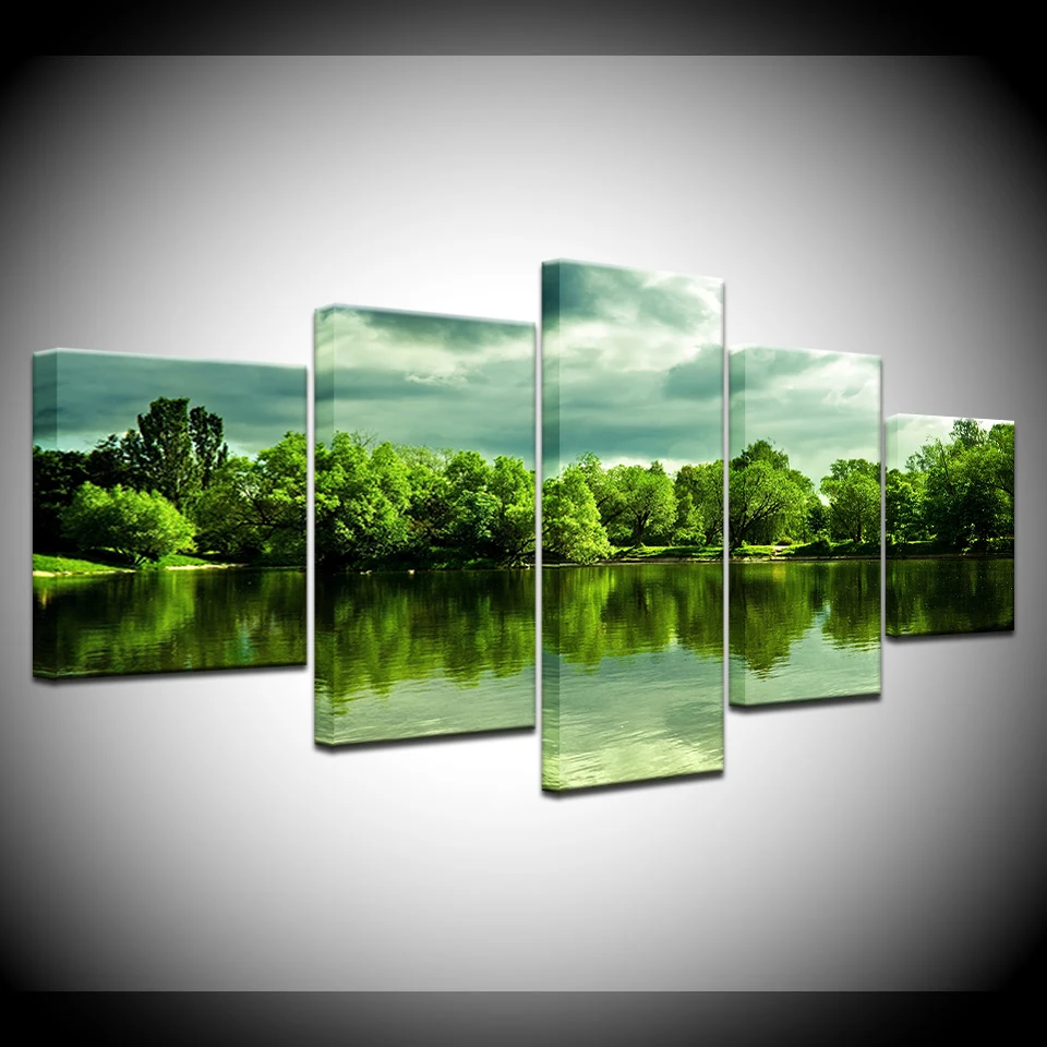 

5 Piece Canvas Painting Green Lake Trees HD Printed Canvas Art Print Wall Art Home Decor Poster Pictures for Living Room Artwork