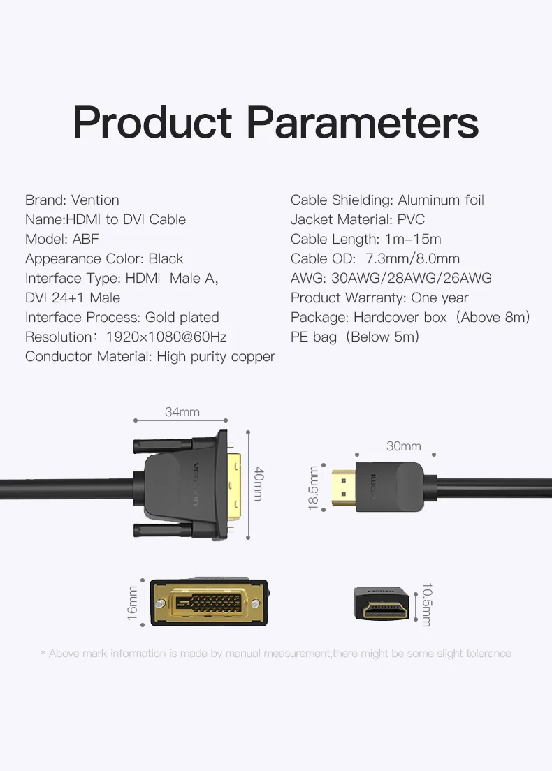 Vention Кабель hdmi-DVI DVI-D 24+ 1 Pin папа-папа 1080P HD 3D кабель адаптер для монитора PS4 проектор Высокоскоростной hdmi кабель