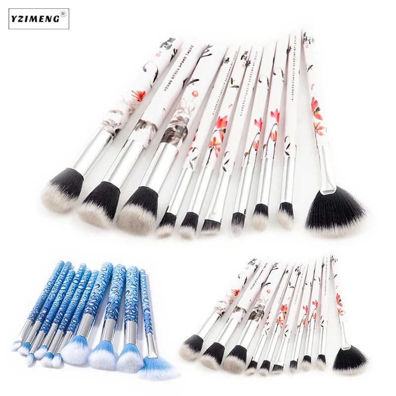 

10Pcs/Set Professional Makeup Brushes Set Kit Floral Ink Printed Handle Eye Shadow Eyebrow Lip Eye Make Up Brush Comestic Tools