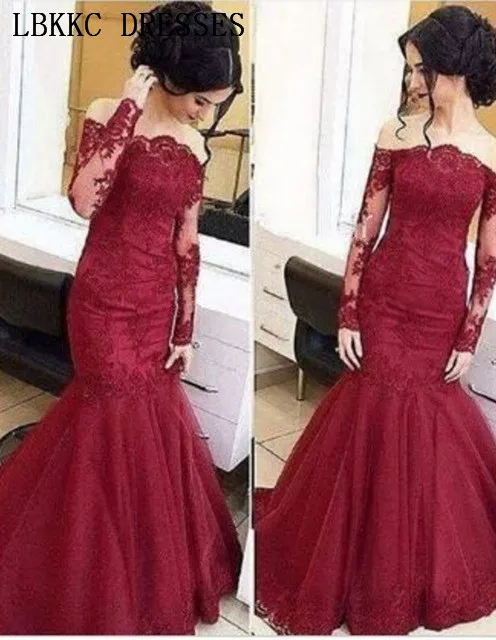 

Mermaid Long Sleeve Evening Dress 2019 Robe De Soiree Abendkleider Off The Shoulder Evening Dresses Lace Long Formal Dresses