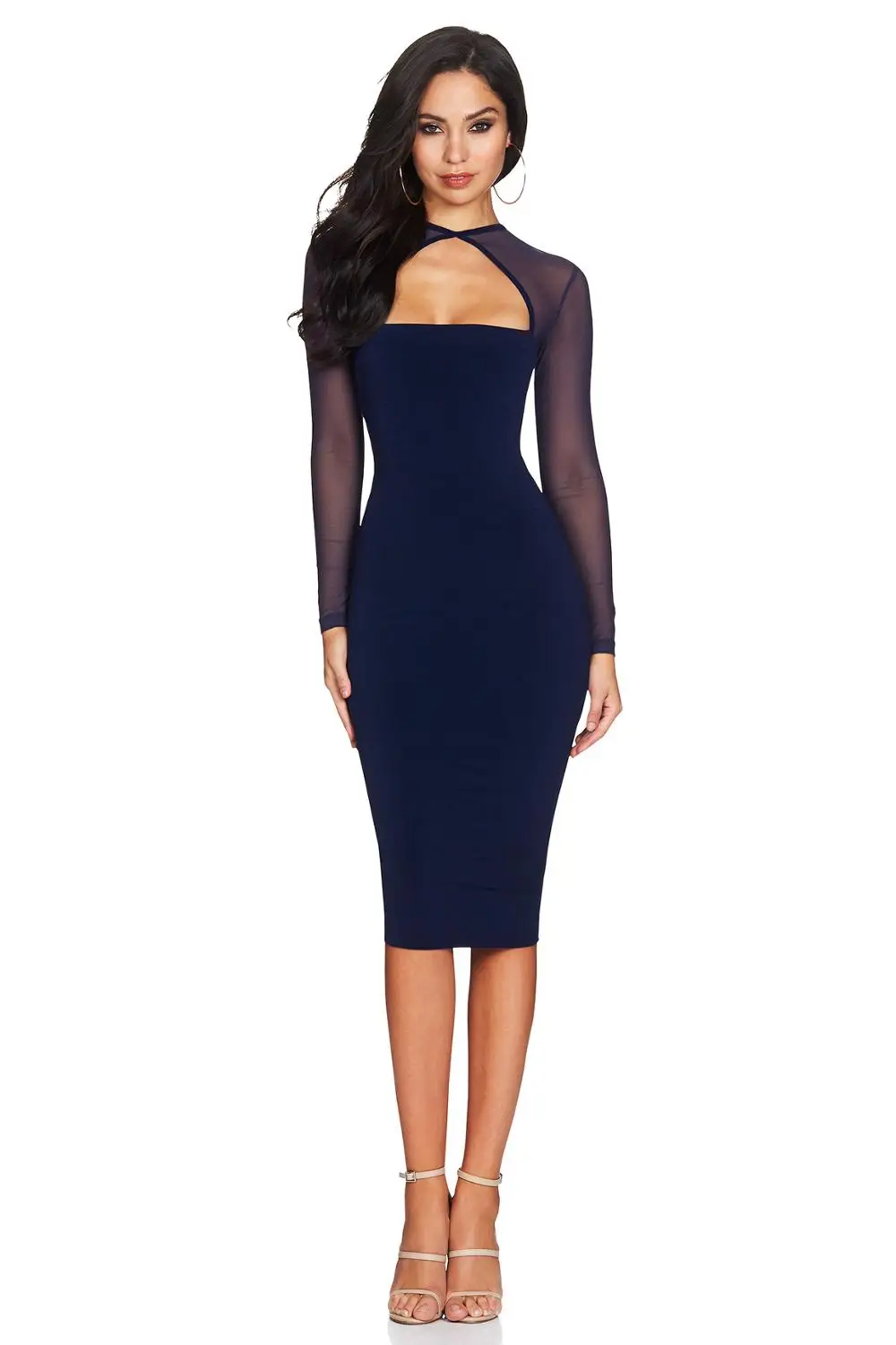 Navy Ocstrade, трикотажное осеннее Сетчатое облегающее платье с длинным рукавом, новогоднее, сексуальное женское черное Бандажное платье - Цвет: Navy