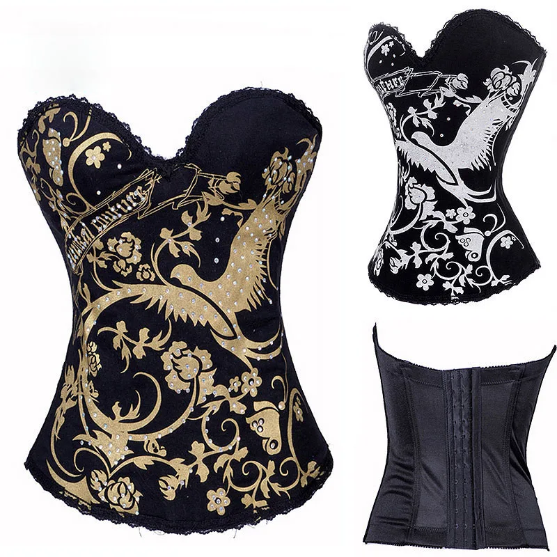Черный хлопковый винтажный корсет в стиле стимпанк с принтом золотого Феникса