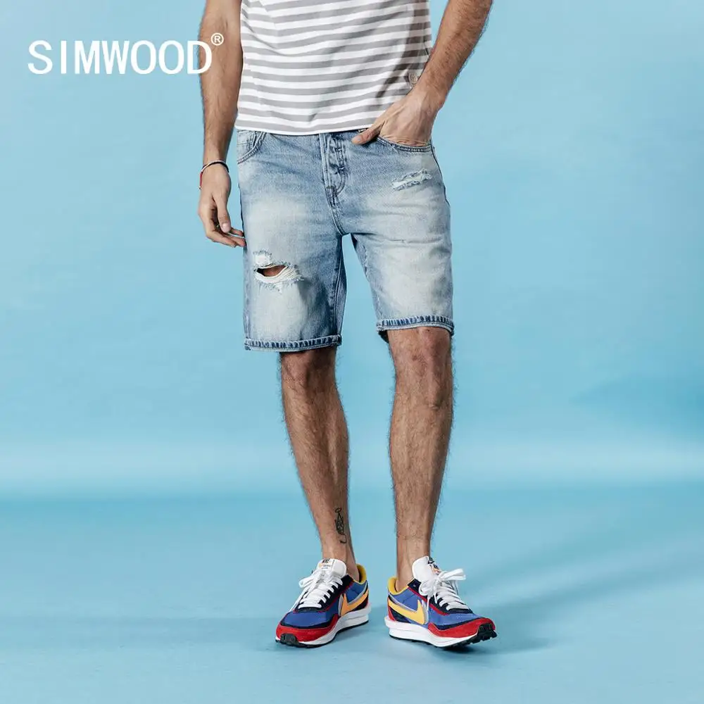 SIMWOOD 2020 летние новые джинсовые шорты мужские облегающие рваные модные брюки