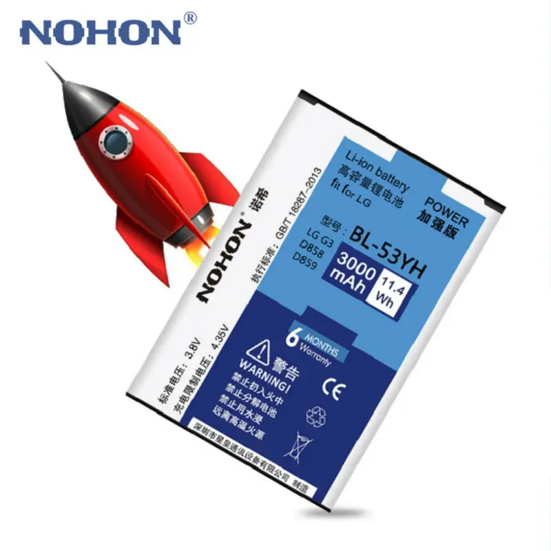 100% Оригинальные nohon Аккумулятор для LG G3 D830 D850 D851 D855 D858 D859 VS985 F4400L BL-53YH 3000 mAh высокой