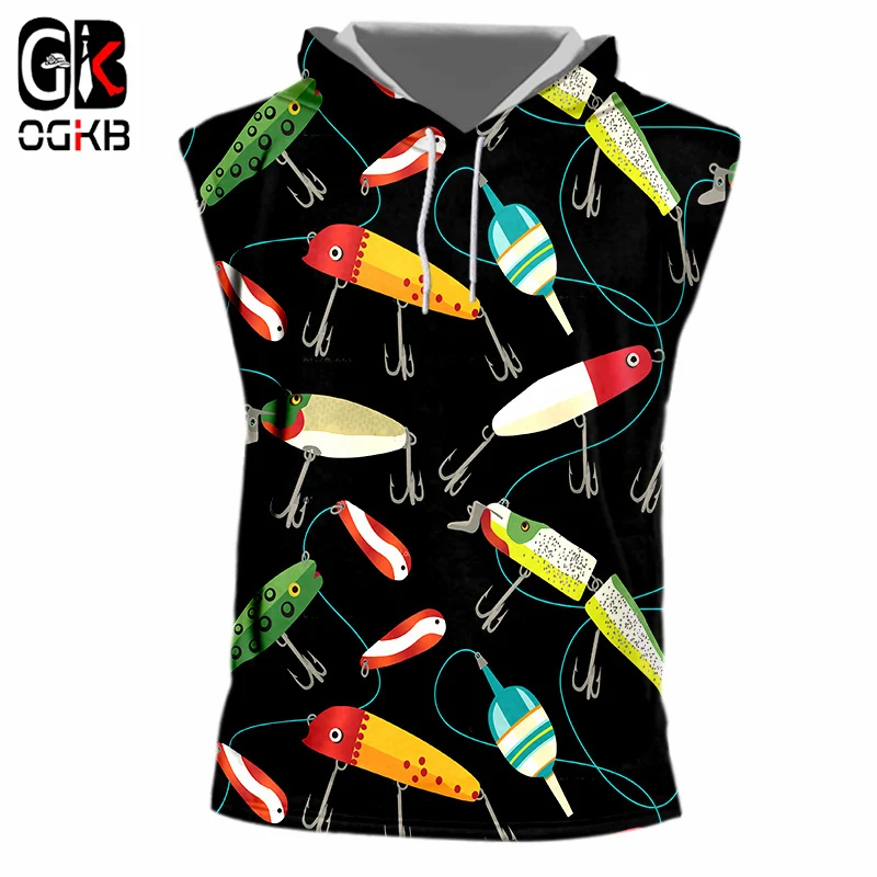 OGKB летние топы мужские без рукавов с капюшоном Забавный принт мультфильм Рыба