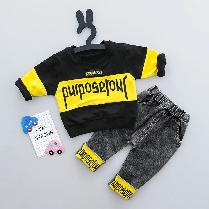 Spring and Autumn New Fashion Baby Boys Long Sleeve O-neck Cotton Casual Letter Printed Coat Elastic Jeans Pants 2pcs Outfits |