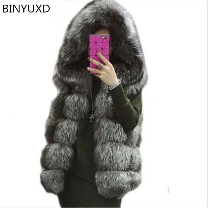 BINYUXD горячая Распродажа 2016 зимнее пальто из искусственного меха лисы с капюшоном