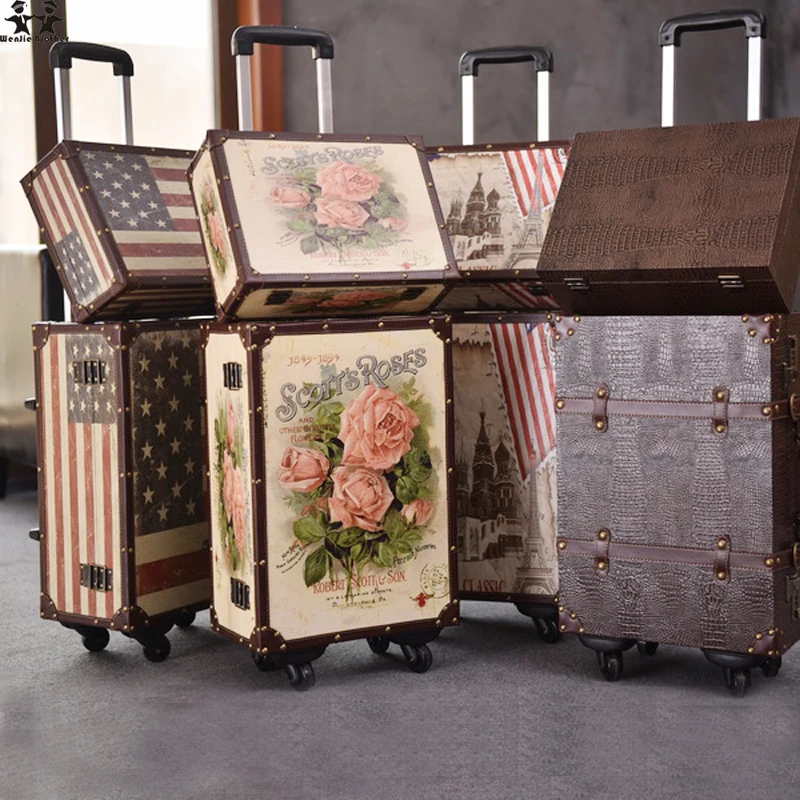 

wenjie brother 2PCS/SET 14inch Cosmetic bag plus 20inches resto PU leather roses couple trolley travel bag luggag for unisex