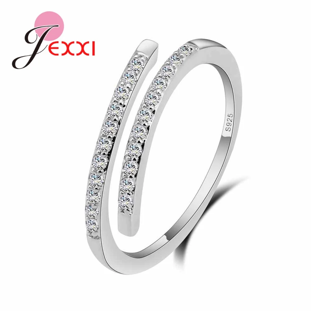 Top Grade Genuine 100% 925 Sterling Silver Geometric Sparking CZ Finger Rings for Women Fashion Open Ring Resizable