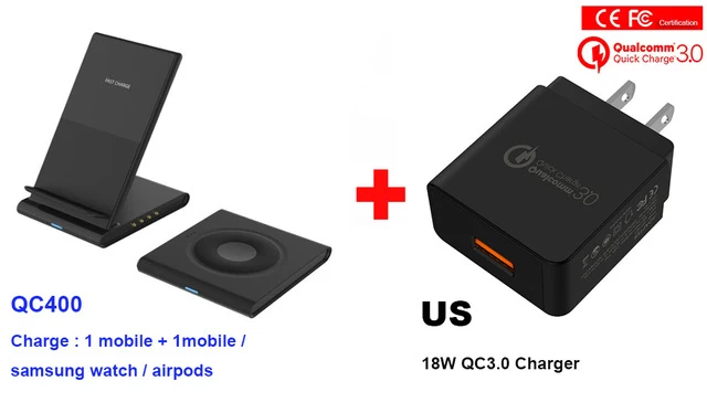 QC400 add US plug Qi магнитное Беспроводное зарядное устройство настольная станция для iPhone 8 XR Зарядка для samsung Galaxy Watch active Buds gear S2 S3 S4 Sport - Тип штекера: QC400 add US plug