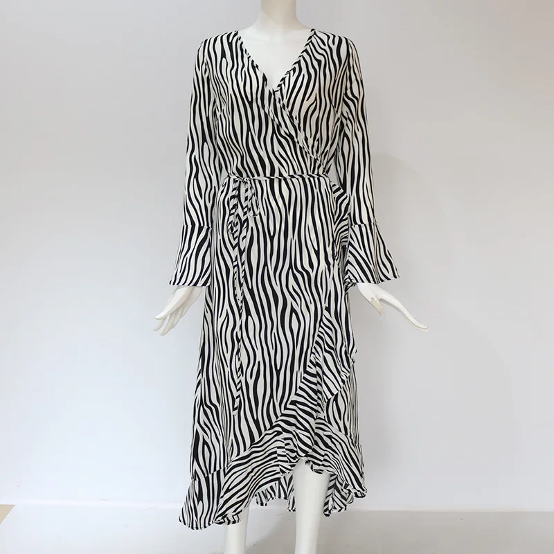 Женские платья с принтом зебры женское Повседневное платье до середины икры