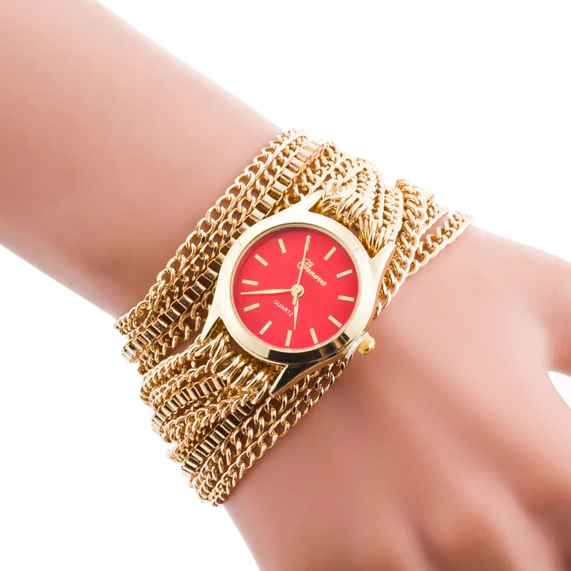 Горячая Распродажа Geneva бренд длинный цепной золотой браслет часы Женские
