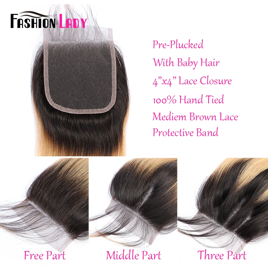 

Fashion Lady Pre-Colored Peruvian Hair Ombre Closure 1b 27 100% Human Hair 4*4 inches Straight Hair Closure Free Part Non-remy