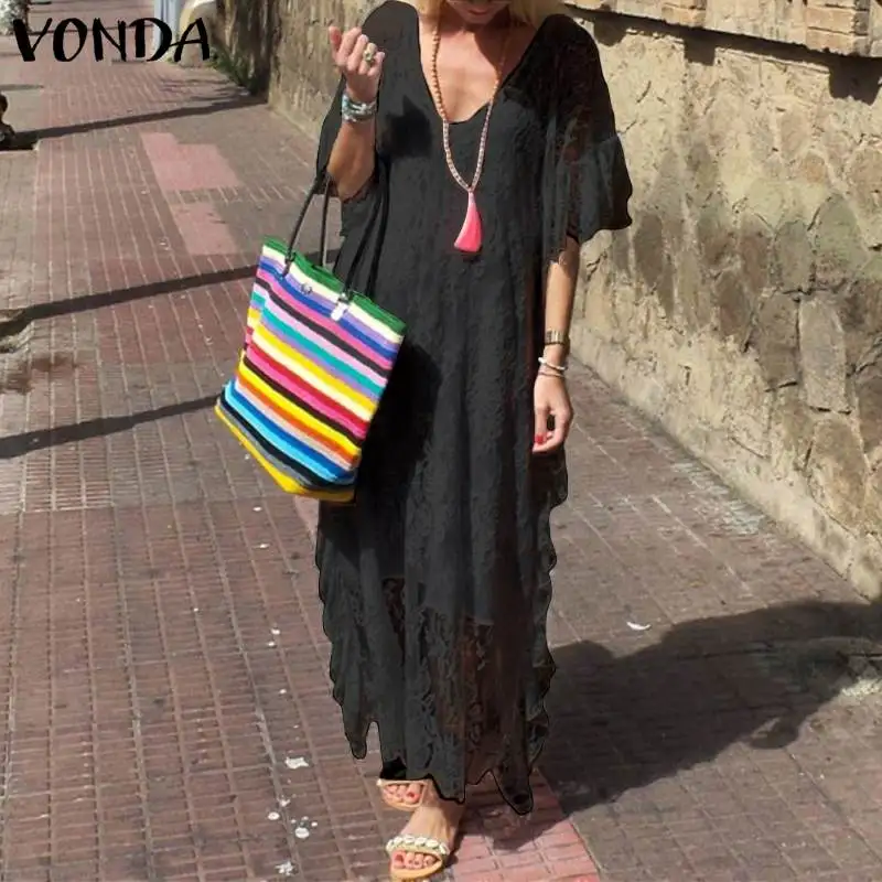 VONDA, женское платье, богемное, белое, длинное, сексуальное, v-образный вырез, рукав-бабочка, открытое, одноцветное, кружевное, сарафан, повседневное, Vestido S-5XL