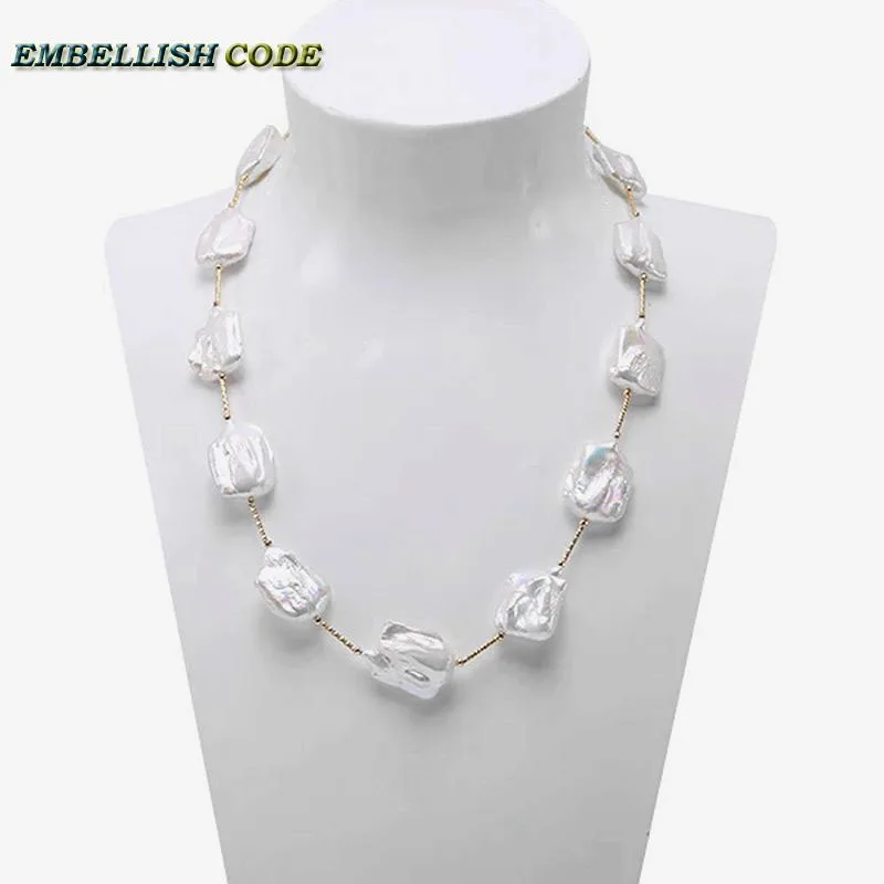 

2018 new big size baroque pearl white statement necklace square flot flat shape natural freshwater pearls golden beads tube