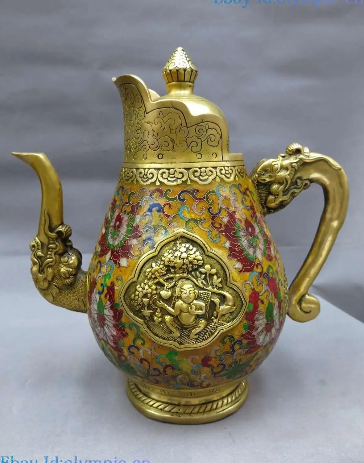 

12" China bronze gild Cloisonne pot dragon buddha buttered tea Teapot Statue