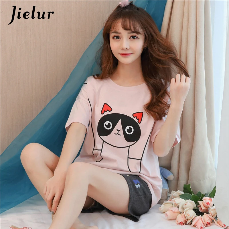 Jielur летние с рисунком кота Для женщин пижамные комплекты короткий рукав
