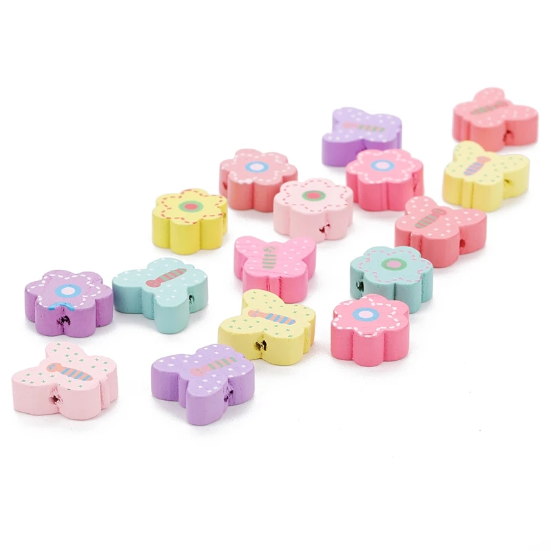 

Linsoir 40pcs/lot Colorful Flower Bee Pendant Natural Wooden Loose Beads Spacer Wood Bead Jewelry Findings Making Accessories