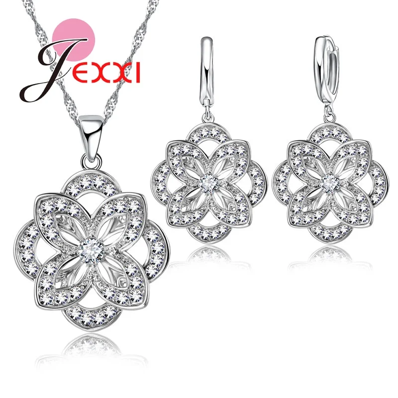 

Double Flower Silver Jewelry Set For Lady Women Elegance Crystal Necklace Pendent Earrings Set For Wedding Party