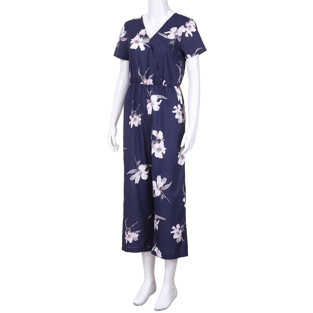 

Jumpsuit plus size women rompersV collar high waist wide leg jumpsuit floral print Ladies business short sleeve casual playsuit