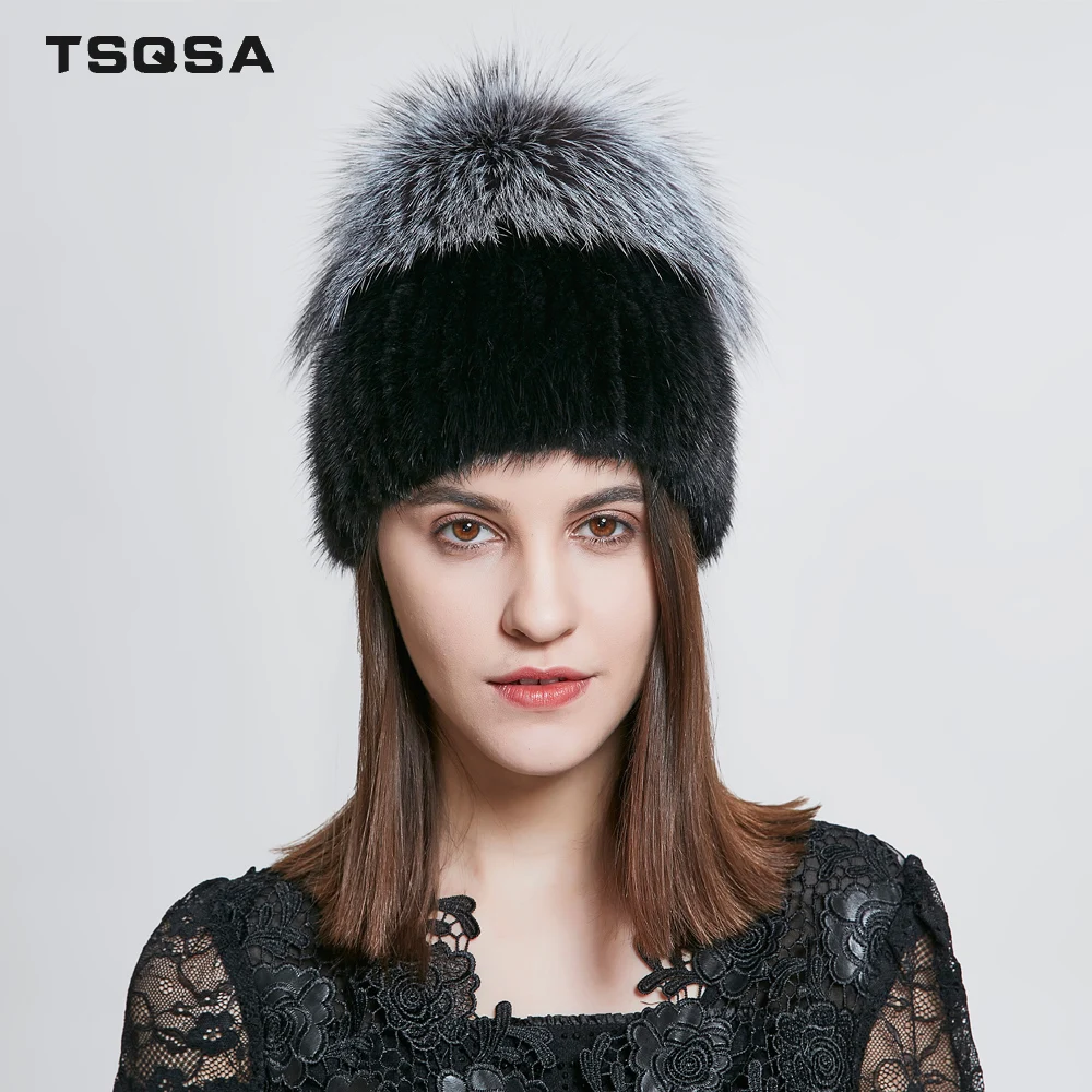 TSQSA Женские Теплые Шапки из Натурального Меха Норки С Лисой Зимой Меховые Шапки Норки Меха Женские Качественные Повседневные Шапочки Роскошная Леди Шапка TAH1819