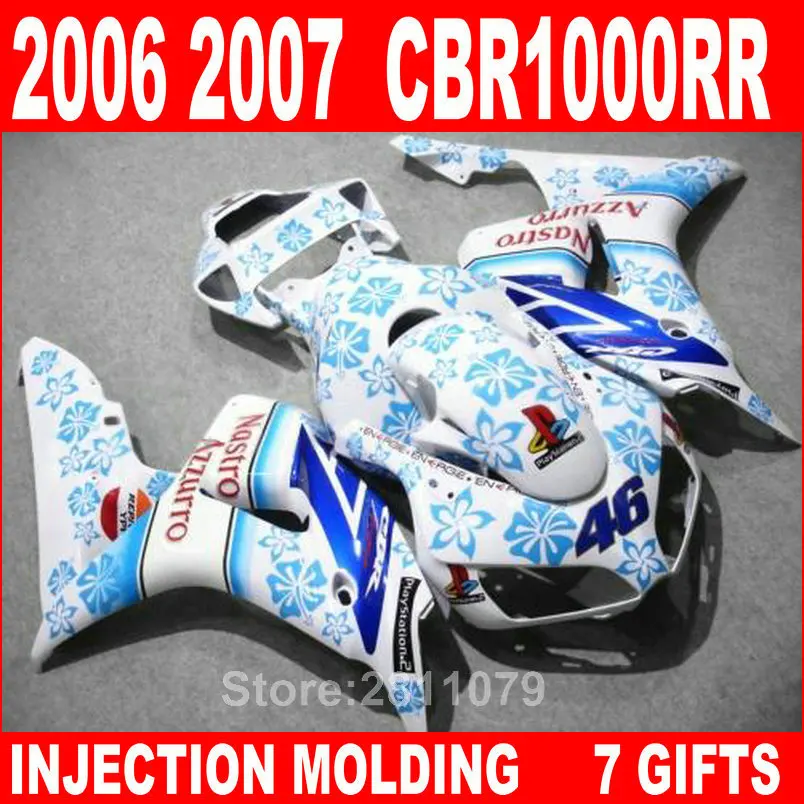 100% литьем под давлением обтекателя комплект для Honda CBR1000RR 06 07 Белый Синий
