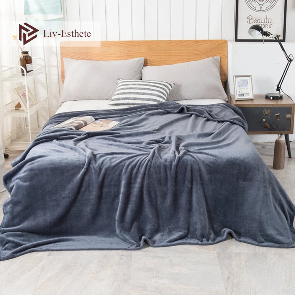 

Liv-Esthete Fashion Gray Flannel Blanket Summer Sheet bed cover Sofa Throw Queen King Size Coral Fleece Blankets 1PCS