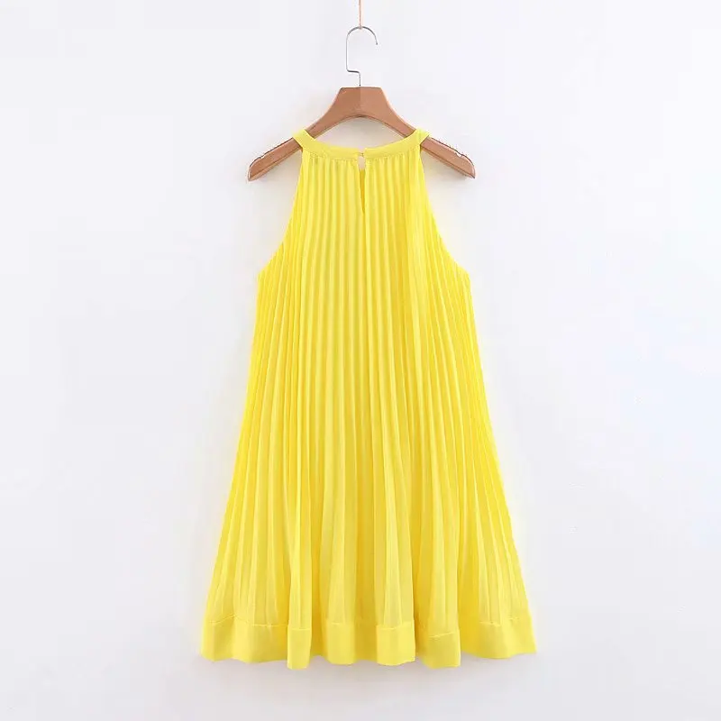 Новое летнее женское милое желтое плиссированное платье без рукавов femme hem ruffles
